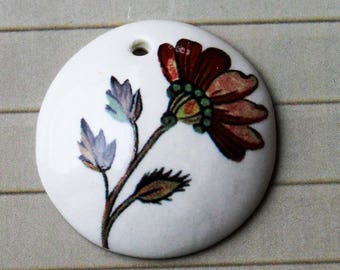 1" Cranberry Flower on White - Domed Circle Pendant - Ceramic Focal Pendant