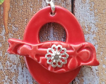 Red Clovers on Red Bird Clasp - Pottery Clasp - Large Signature Bird Focal Toggle Clasp