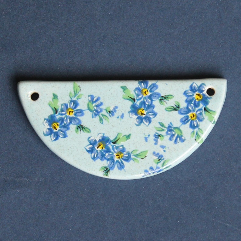 Blue Flowers on Blue Bib Necklace Pendant, 2-hole, Half-circle pendant, ceramic pendant, floral, bib necklace, jewelry pendant image 1