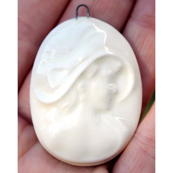 1 5/8" Ivory Cameo - Woman with Open-Neck Dress and Hat Pendant - Ceramic Focal Pendant