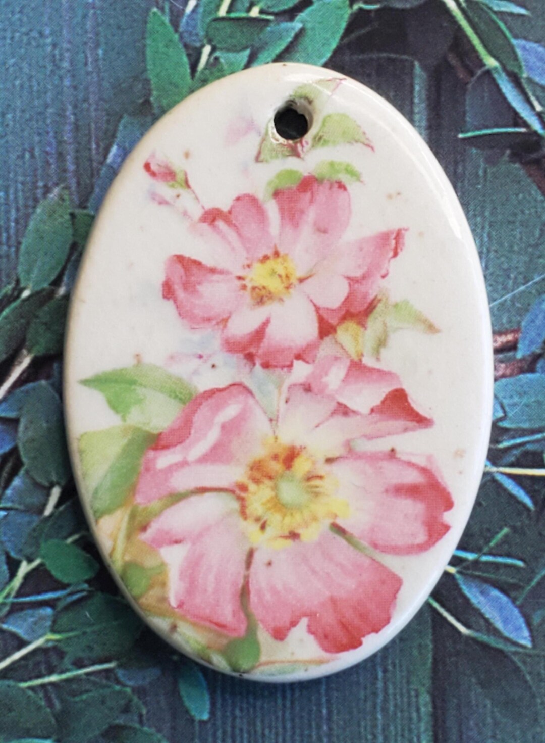 Pink Cottage Roses Ceramic Handmade Focal Necklace Pendant DIY Focal ...