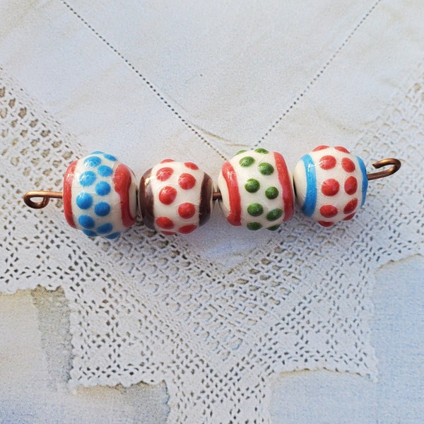 Textural Colorful Polka Dots and Bead Set - Handmade Ceramic Art Beads