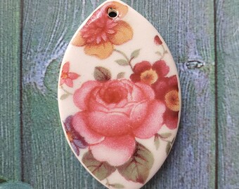 Pink Rose Floral Pendant - Ceramic Focal Pendant