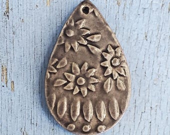 Gray Floral Textured Ceramic Handmade Focal Necklace Pendant, DIY Focal Charm for Jewelry, Handmade Artisan Bead