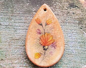 Rustic Multi-Colored Fan Flower Teardrop Pendant, Old-Looking Ceramic Floral Design Pendant, Large, Pottery Pendant, Clay