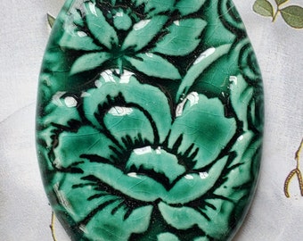 Green Flowers Stamped Oval Pendant, Bright Ceramic design pendant, large, Pottery pendant, Clay