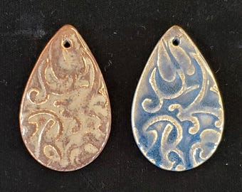 Rustic Leaves and Scrolls Textured Ceramic Handmade Focal Necklace Pendant, DIY Focal Charm for Jewelry, Handmade Artisan Bead