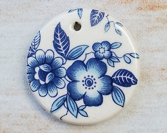 Blue Flower Pendant - Ceramic Circle Focal Pendant