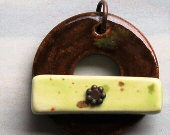 Brown and Green Speckles - Jewelry Clasp - Large Ceramic Circle Focal Toggle Clasp