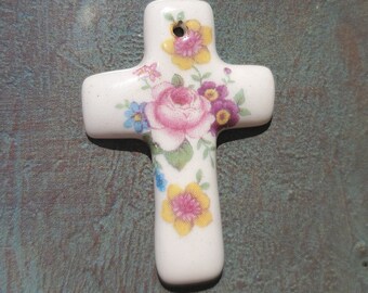 Pink Rose and flowers Cross - Ceramic Cross Focal Pendant - About 1 1/2" long