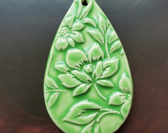 Lime Green Floral Design Pendant, Large, Pottery Pendant, Clay