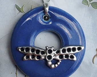 Blue Dragonfly Circle Clasp - Large Ceramic Circle Focal Toggle Clasp