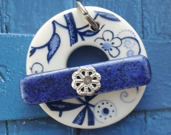 Blue and White Flowers Ceramic Clasp - Circle Ceramic Toggle Clasp