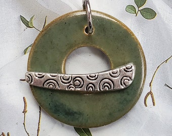 Rustic Earthy Green Circle Clasp - Large Ceramic Circle Focal Toggle Clasp