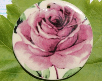 Purple Rose Circle Pendant - 1 7/8", Ceramic Necklace Pendant