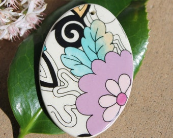 Purple Flower Oval Pendant, Bright Ceramic floral design pendant, large,  Pottery pendant, Clay