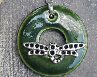 Olive Green Dragonfly Circle Clasp - Large Ceramic Circle Focal Toggle Clasp