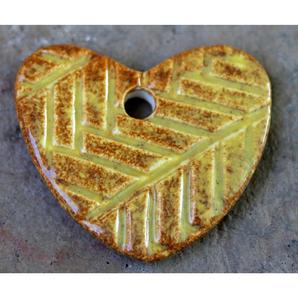 Rustic Yellow Herringbone Heart Pendant - Ceramic Focal Pendant - Pottery Pendant