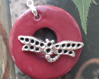 Dark Red Dragonfly Circle Clasp - Large Ceramic Circle Focal Toggle Clasp