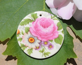 Large Pink Rose Circle Pendant - 1 7/8", Ceramic Necklace Pendant