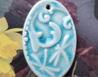 Blue Dragonfly Stamped Oval Pendant, Bright Ceramic design pendant, large, Pottery pendant, Clay