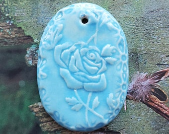 Light Turquoise Rose Textural Tile Pendant, Oval Pendant, Ceramic Floral Design Pendant, Large, Pottery Pendant, Clay, Textured