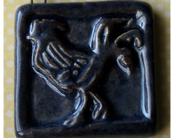 Rooster Tile Pendant - Hand Carved Rustic Dark Blue Ceramic Focal Pendant