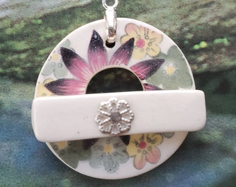 Pink and Sage Green Flowers Ceramic Clasp - Circle Ceramic Toggle Clasp