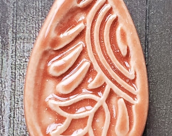 Terracotta Flower Stamped Oval Pendant, Bright Ceramic design pendant, large, Pottery pendant, Clay