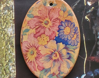 Rustic Multi-Colored Floral Oval Pendant, Old-Looking Ceramic Floral Design Pendant, Large, Pottery Pendant, Clay