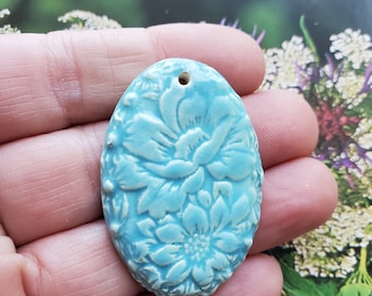 Light Turquoise Color Floral Textural Tile Pendant, Oval Pendant, Ceramic Floral Design Pendant, Large, Pottery Pendant, Clay, Textured