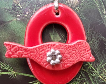 Red Patterned Bird Clasp -  Large Signature Bird Focal Ceramic Toggle Clasp