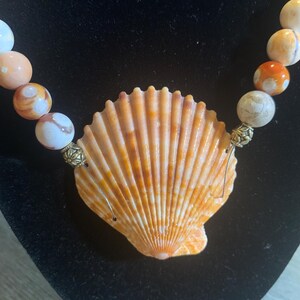 May include: A necklace with orange, white, and brown agate beads and a large seashell pendant.