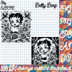 Betty Boop Tattoo Art Style SVG | Retro Tattoo-Inspired Betty with Roses & Swallows | Bold Laser Cut Design