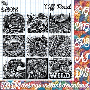 Puede incluir: Un conjunto de seis ilustraciones digitales en blanco y negro que representan vehículos todoterreno, neumáticos y paisajes. El texto "Off-Road" está en la parte superior de la imagen. El texto "500 DPI designs instant download" está en la parte inferior de la imagen.
