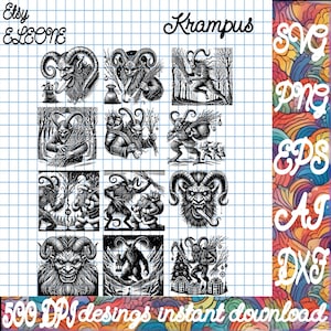 May include: A digital download of 12 black and white illustrations of Krampus, a Christmas demon figure. The illustrations are in a vintage style and feature Krampus in various poses, including holding a sack, a bundle of sticks, and a whip. The text "Krampus" is written in a stylized font at the top of the image. The text "Etsy ELEONE" is written in a stylized font at the top left of the image. The text "SVG PNG EPS AI DXF" is written in a stylized font at the top right of the image. The text "500 DPI desings instant download" is written at the bottom of the image.