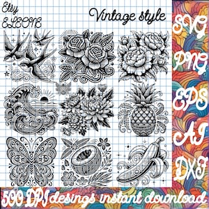 May include: A set of nine black and white vintage style illustrations. The illustrations include a pineapple, a banana, a coconut, a butterfly, a wave, a rose, a chrysanthemum, a peony, and a swallow. The illustrations are on a white background with a grid pattern.