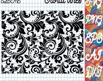 May include: Black and white floral vines design with the text "Floral vines" and "500 DPI designs instant download". The design is available in SVG, PNG, EPS, AI, and DXF formats.