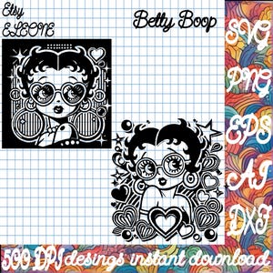 vintage Néon Pop Betty Boop SVG | Silhouette d'animation rétro avec effet holographique | Fichier de coupe de lunettes de coeur et de boucles d’oreilles surdimensionnées