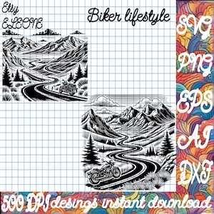 Puede incluir: Ilustración en blanco y negro de una motocicleta conduciendo por un camino sinuoso a través de un paisaje montañoso. El texto "Biker lifestyle" está escrito sobre la imagen.