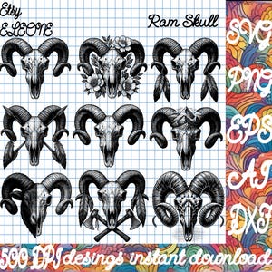 Op de afbeelding: Een set van negen zwart-wit digitale illustraties van ram-schedels. De illustraties bevatten verschillende ontwerpen, waaronder een ram-schedel met een bloemenkrans, een ram-schedel met gekruiste bijlen en een ram-schedel met een bergketen op de achtergrond. De tekst "Ram Skull" staat bovenaan de afbeelding. De tekst "SVG, PNG, EPS, AI, DXF" staat rechts van de afbeelding. De tekst "500 DPI designs instant download" staat onderaan de afbeelding.