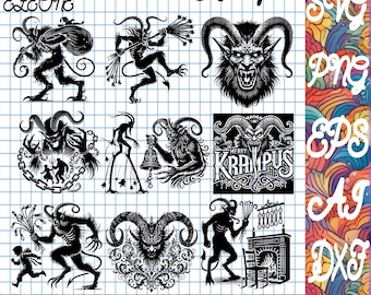 May include: A digital download graphic set featuring various Krampus designs in black and white. The images include illustrations of the mythical creature in different poses, with text that reads "Krampus" and "Merry Krampus". The image also includes the text "500 DPI designs instant download".