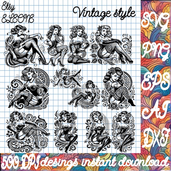 Sexy Vintage Pin-Up Girl Tattoo SVG png DXF ai EPS | Cutting Files for Cricut & Silhouette | Laser Cutting and Engraving Digital Files