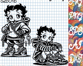 May include: Black and white digital illustration of Betty Boop in a streetwear style. She is wearing a hoodie, pants, and sneakers. The text "Betty Boop" is written in a stylized font above her. The text "Etsy ELEONE" is written in a stylized font in the top left corner of the image. The text "SVG PNG EPS AI DXF 500 DPI desings instant download" is written in a stylized font in the bottom right corner of the image.