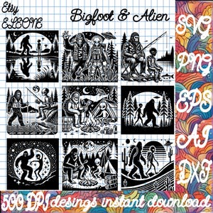 Bigfoot and Alien SVG png dxf ai EPS Cutting File for Laser Cutting & Engraving, Cricut and Silhouette, UFO and Sasquatch Design