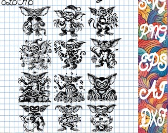May include: A set of 12 black and white digital illustrations of a mischievous gremlin character in various poses. The gremlin is wearing a Santa hat, holding a candy cane, and holding a Christmas ornament. The text "Gremlin" is written at the top of the image. The text "SVG, PNG, EPS, AI, DXF" is written on the right side of the image. The text "500 DPI designs instant download" is written at the bottom of the image.