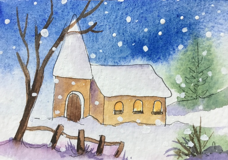 Church in the Snow An Original ACEO watercolour miniature painting 2.5\u201d x 3.5\u201d by Pamela West ATC Art and Collectible