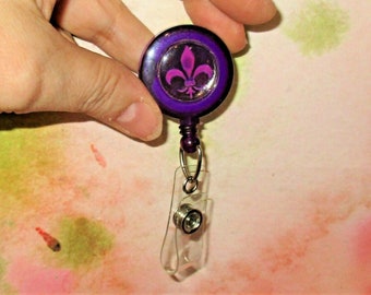 Mardi Gras Badge Reel Holder Clip Purple Green White ID Name Tag Cover Pull