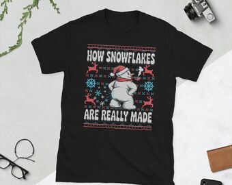 Wie Schneeflocken wirklich gemacht werden Lustiges Schneemann-Weihnachts-hässlicher Pullover, passendes Familien-Pyjama-Outfit-Weihnachts-Kurzarm-Unisex-T-Shirt