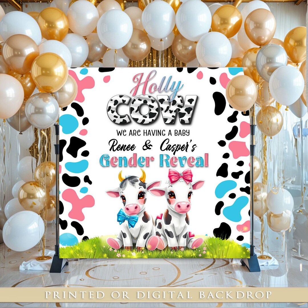 Highland Cow Gender Reveal Hintergrund – 210x150 Cm, Rosa & Blau, Boho Floral, Für Baby-Enthüllungsparty
